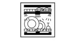 Schwarz-Weiß-Symbol eines Geschirrspülers mit Becher 330 ml Bechern, Tellern, Schalen und Gläsern auf zwei Gestellen.