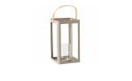 Windlicht Lykta Klein: Hohe, rechteckige Laterne mit offenem Metallrahmen, Glashalter im Inneren und braunem Griff oben.