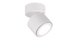 Die Trio LED-Deckenleuchte Taurus 8,7 cm ist eine weiße Lampe mit zylindrischem Kopf, teilmontiert vor neutralem Hintergrund.