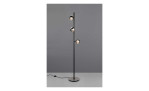 Die LED-Stehleuchte Orbit 150 cm ist eine moderne schwarze Leuchte mit drei verstellbaren runden Lichtern an einem vertikalen Mast.