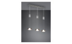 Drei Trio LED-Pendelleuchten Franklin in mattem Nickel und Aluminium hängen an einer Deckenhalterung vor einem grauen Hintergrund.