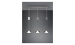 Drei Trio LED-Pendelleuchten Franklin in Nickel matt hängen in einer Reihe an einer rechteckigen Deckenhalterung.