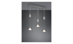 Drei Trio LED-Pendelleuchten Franklin aus matt vernickeltem Aluminium hängen an einer Deckenhalterung vor einer zweifarbigen Wand.