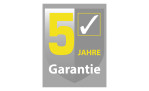 Graue Plakette mit großer gelber 5, weißes Häkchen, "5 Jahre Garantie" für Trio LED-Pendelleuchte Franklin, matt vernickelt.