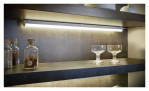 Zwei leere Gläser und Gewürzdosen stehen unter einer Trio LED-Unterbauleuchte Ramon 84 cm in einem dunklen Küchenregal.