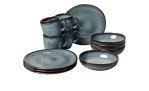 Das Villeroy & Boch Frühstücks-Set Lave Gris 12-tlg. besteht aus grauen Tellern, Schalen und Bechern mit dunkelbraunen Rändern auf weißem Grund.