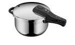 WMF Schnellkochtopf Perfect New 4,5 l: silberfarbener Edelstahl mit schwarzem Griff und sicherem Deckel auf weißem Hintergrund.