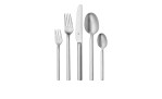 Fünfteiliges WMF Alteo Edelstahl-Besteckset: Menügabel, Tafelgabel, Messer, Suppenlöffel & Teelöffel auf weißem Hintergrund.