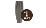 Der Kaiser Backpinsel Kaiserflex zeigt 200 °C-Symbol, Pfeil & Thermometer für Hitzebeständigkeit.