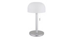 Die Globo Akku-Tischleuchte Norman 28 cm hat einen silbernen Sockel, einen geraden Stiel, einen weißen, abgerundeten Schirm und einen Zugkettenschalter.