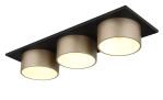 Die Globo LED-Deckenleuchte Raymond 62 cm hat drei goldene Zylinder, Leuchtmittel inklusive, nebeneinander montiert.