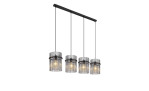 Vier moderne Globo Hängeleuchte Gorley 110 cm mit Glasschirmen, aufgehängt an einer schlanken rechteckigen Deckenhalterung.