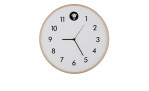 Globo Wanduhr Clocky 31,5 cm: MDF-Rahmen, schwarze Zahlen, kleiner Vogel über 12 auf einfarbig weißem Hintergrund.