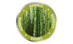 Ein rundes WC-Garnitur Padua-Etikett mit Bambushalmen in der Mitte und "bamboo" in vier Sprachen am Rand.