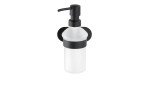 Der Seifenspender Turbo-Loc ist ein wandmontierter Seifenspender mit einer Pumpe aus Schwarzmetall und einer mattierten, klaren Flasche.