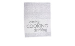 Das Geschirrtuch Newspaper 50 x 70 cm ist ein weißes Küchentuch mit schwarzem und grauem Text: eating, COOKING, drinking.