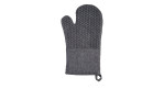 Ofenhandschuh 18 x 30 cm: Grauer Ofenhandschuh mit Rautenmuster, schwarzer Zierleiste, linkem Daumen und unterer Aufhängeschlaufe.