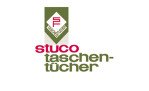 Grünes und rotes "stuco taschen-tücher" Logo, Rautenemblem, "Dekorationen" in schwarz, auf Ofenhandschuh 18 x 30 cm.