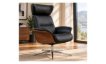 Sessel mit Hocker Space 5800: Lounge-Sessel aus schwarzem Leder mit Holzakzenten, Relaxfunktion und drehbarem Metallfuß.
