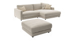 LASCONDO Komfort-Wohnlandschaft Hagerstown 2.0: Beiges Ecksofa mit Recamière rechts, schmalen Armlehnen und Hocker.