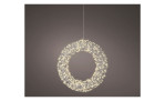 Der LED-Kranz 38 cm ist ein kreisförmiger silberner Metallanhänger mit kleinen weißen LEDs, die vor einem dunklen Hintergrund hängen.