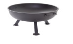 Die Outdoor Feuerschale 56 cm ist eine runde Feuerschale aus schwarzem Metall mit drei Beinen und einem seitlichen Griff, abgebildet auf einem weißen Hintergrund.