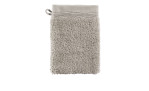 Der Casa Nova Waschhandschuh Organic 16 x 21 cm aus beigem Textil-Frottee mit Schlaufe ist auf weißem Hintergrund abgebildet.