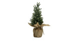 Weihnachtsbaum 33 cm aus Kunstoff und Eisen in grün mit einem braunen Jutestoff  am Fuß.