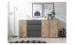 Sideboard Nancy, in der Farbausführung Viking Oak mit grau, in einem Raum stehend mit Deko, Frontansicht