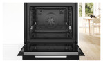 BOSCH Backofen HBG974LM1 in der Farbe Schwarz in einem Küchenschrank mit geöffneter Klappe, Frontansicht