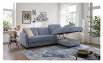 Komfort-Schlafsofa Mailand, in der Farbausführung Graublau, in einem Raum stehend, mit dem offenen Bettkasten