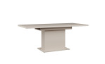 Ausziehbarer Esstisch Chania, ein ausziehbarer Esstisch mit rechteckiger Tischplatte und einem zentralen Säulenfuß.