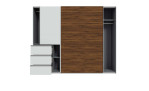 Schwebetürenschrank Willi in der Farbkombi Secret Grey / Bakersfield Walnut, Frontansicht mit offenen Türen und Schubkästen