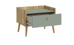 Nachtkonsole Winston in der Farbkombi. Mauvella oak / Salbeigrün, Schrägansicht mit offener Schublade