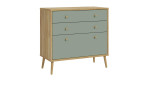 Kommode Winston in der Farbausführung Mauvella oak / Salbeigrün, mit 3 Schubkästen, Schrägansicht