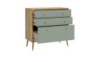 Kommode Winston in der Farbausführung Mauvella oak / Salbeigrün, mit 3 offen Schubkästen, Schrägansicht