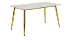 Esstisch Xanten mit einer rechteckigen Tischpaltte aus Echtstein Marmoroptik in weiß und einem goldenem Vierfuß Metallgestell. Schräge Seitenansicht.