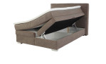 Boxspringbett Alice in der Farbe Taupe mit geöffnetem Bettkasten rechts