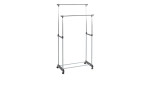 Rollgarderobe Sally mit zwei höhenverstellbaren Stangen und vier Rollen, aus Metall.