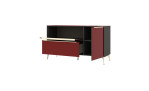 Komfort-Lowboard set one Reno in Frontfarbe Rot und Korpus in Schwarz mit geöffneter Klappe, Schublade und Tür, Schrägansicht