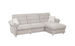 Komfort-Wohnlandschaft „Fiona“: hellgraues L-förmiges Sofa mit Relaxfunktion, Chaiselongue, Stauraum und 2 weißen Kissen.