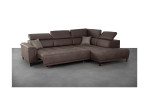 Komfort-Wohnlandschaft „Aria“, dunkelbraunes L-förmiges Sofa, 85 cm hoch, verstellbare Kopfstützen, 2 Kissen auf grauem Boden.