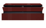 Lowboard Couleur in der Farbe Bordeaux mit geöffneten Klappen und Schubladen, von vorne