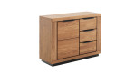 Kommode Grazia: Hellbraunes Holz, 107 cm breit, 3 Schubladen, Schrank, schwarze Griffe und Sockel.