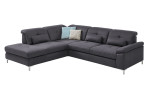Komfort-Ecksofa plano|FORM Marbella, in der Farbausführung Grau, Schrägansicht mit Kissen