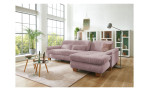 Komfort-Wohnlandschaft plano|FORM Marbella, in der Farbausführung Rose , in einem Raum stehend, mit der Sitztievenverstellung und Kissen