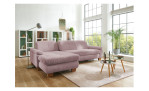 Komfort-Wohnlandschaft plano|FORM Marbella, in der Farbausführung Rose , in einem Raum stehend, mit der Sitztiefenverstellung ohne Kissen
