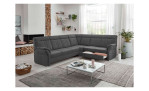 Komfort-Ecksofa plano|FORM Favorit, in der Farbausführung Alu, in einem Raum stehend mit der offenen Schublade