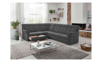 Komfort-Ecksofa plano|FORM Favorit, in der Farbausführung Alu, in einem Raum stehend mit der offenen Schublade