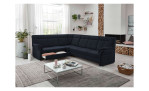Komfort-Ecksofa plano|FORM Favorit, in der Farbausführung Blau, in einem Raum stehend mit der offenen Schublade